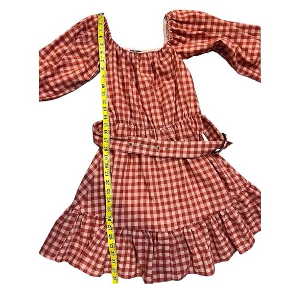 MINKPINK Cora mini plaid dress in blush/rust puff sleeves - Picture 15 of 15